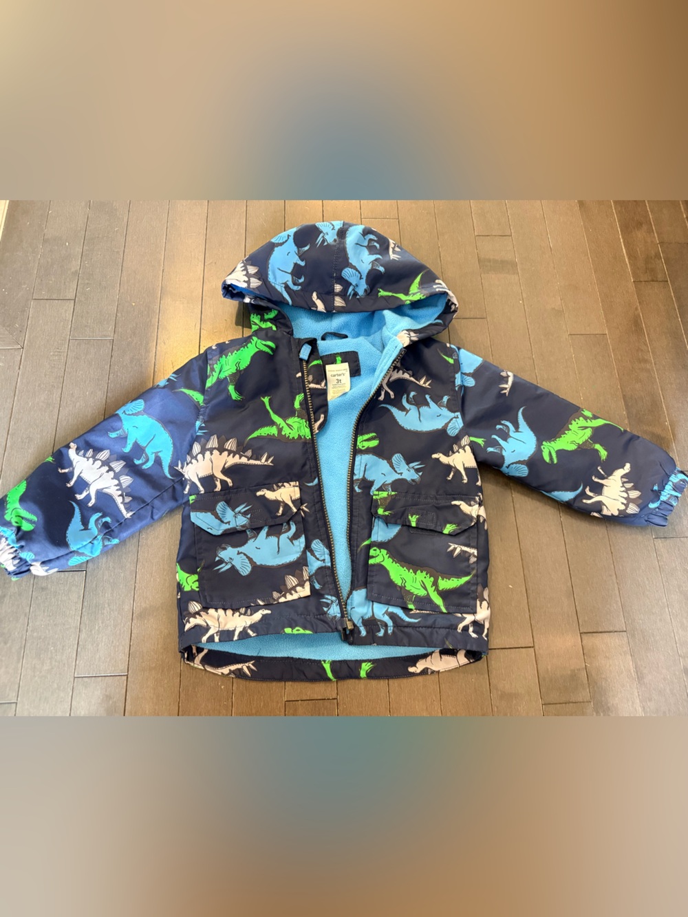 Carter's Navy Hooded Rain Jacket with Bright Green Dino Print 3T